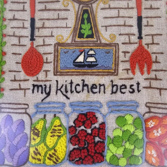 Vintage Framed Crewel Wall Art Kitchen Retro Cottage Farmhouse - Picture 4 of 10